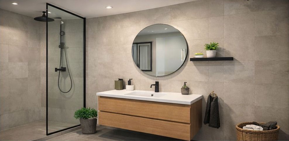 Baño moderno con tocador de madera, espejo redondo, ducha de cristal y paredes de azulejos grises.