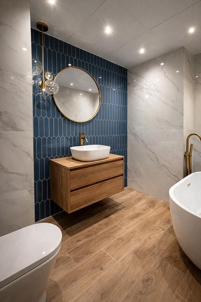 Baño moderno con tocador de madera, espejo redondo, accesorios negros y ducha de vidrio.