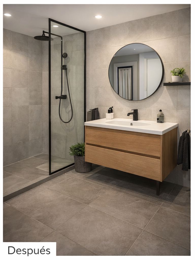 Baño moderno con tocador de madera, espejo redondo, accesorios negros y ducha de vidrio.