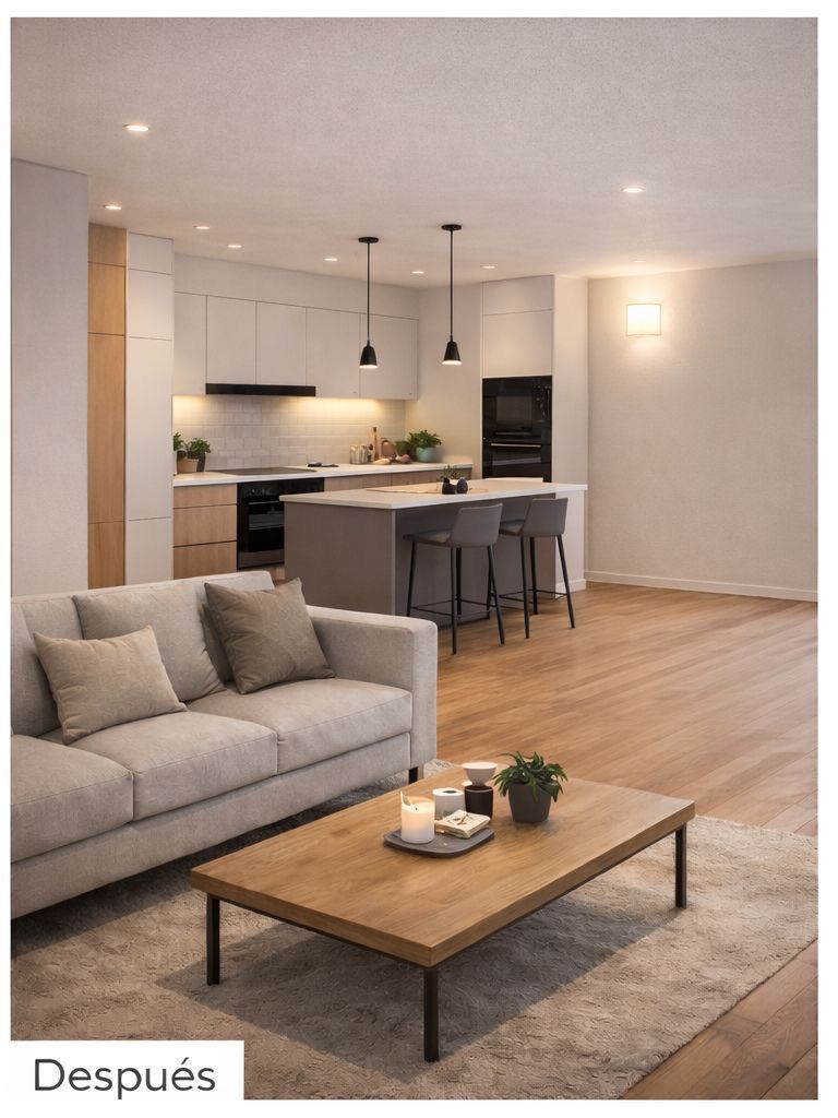 Sala de estar moderna con cocina. Sofá gris, suelo de madera, isla con taburetes e iluminación cenital.