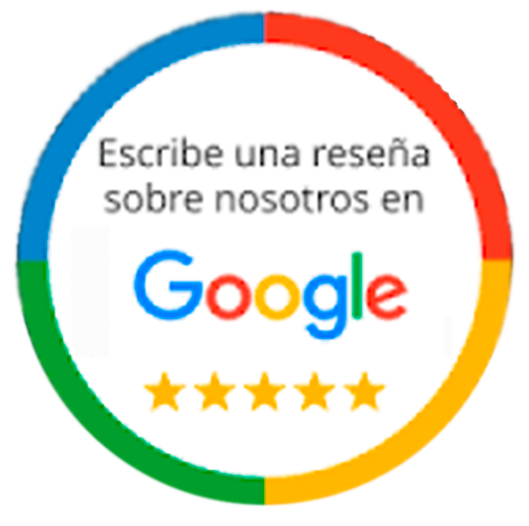 Solicitud de revisión de Google: logotipo circular con secciones de colores, texto y cinco estrellas.