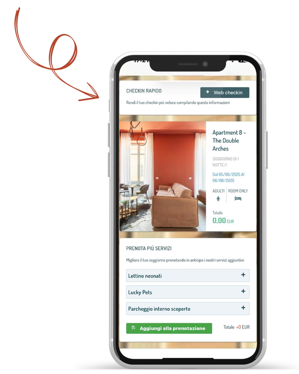 Smartphone che mostra l'annuncio di una casa in affitto con la foto di una camera da letto e i dettagli della prenotazione.
