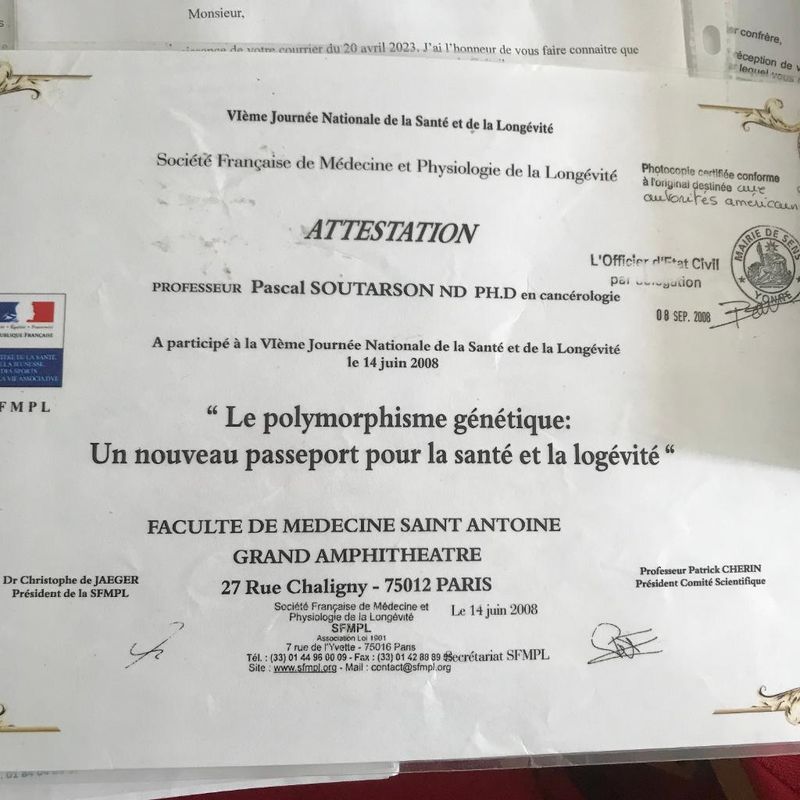 Attestation de la faculté de médecine Saint-Antoine à Paris