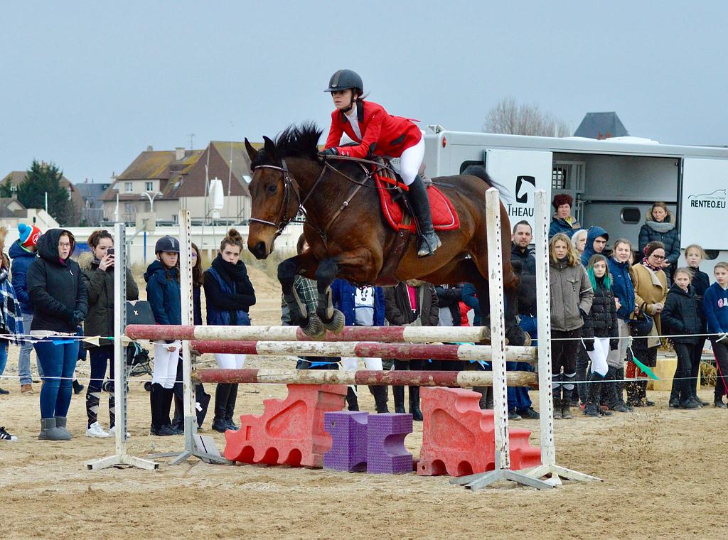 Cavalière vêtue d'une veste rouge sautant un obstacle avec son cheval