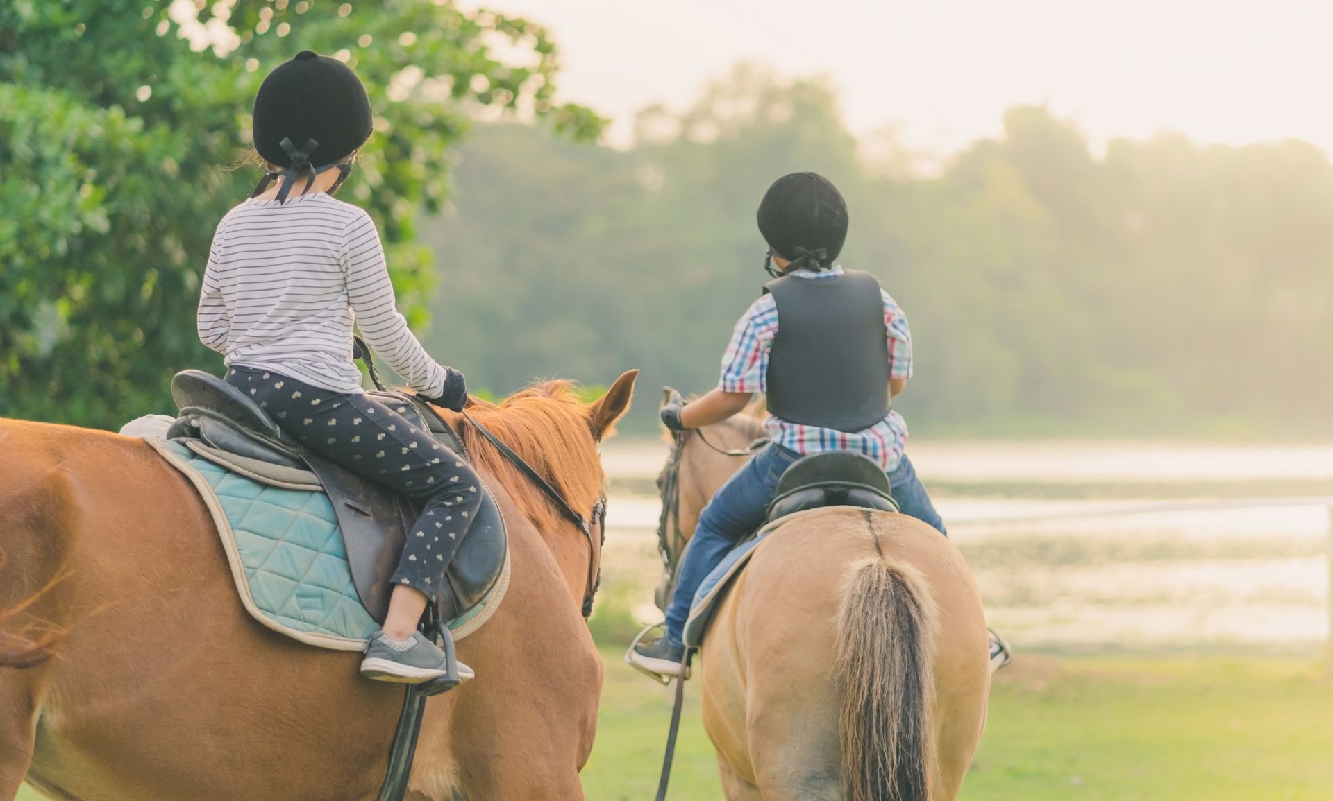 Deux enfants vu de dos sur des chevaux