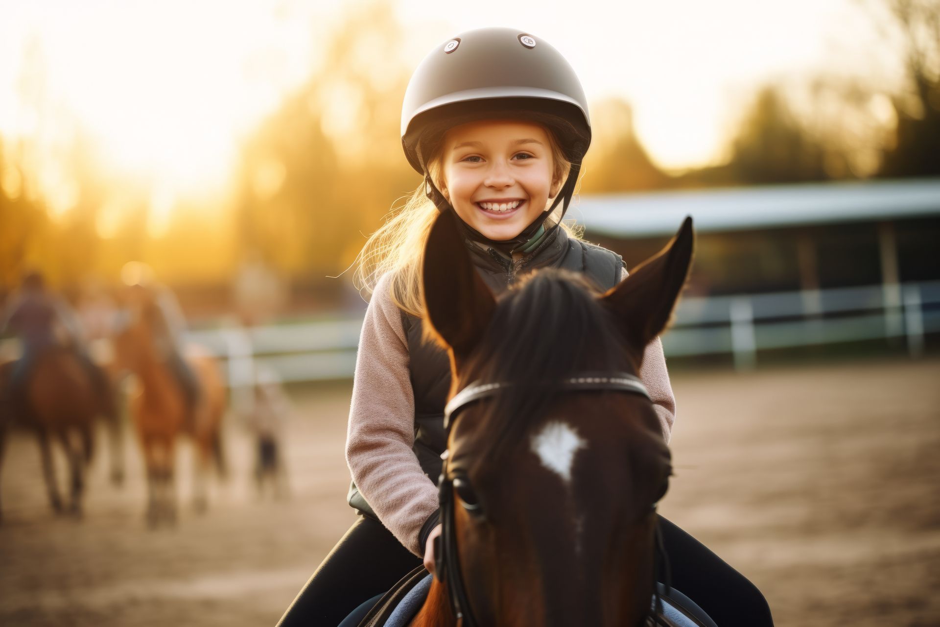 Petite fille avec un grand sourire sur le dos d'un cheval marron foncé