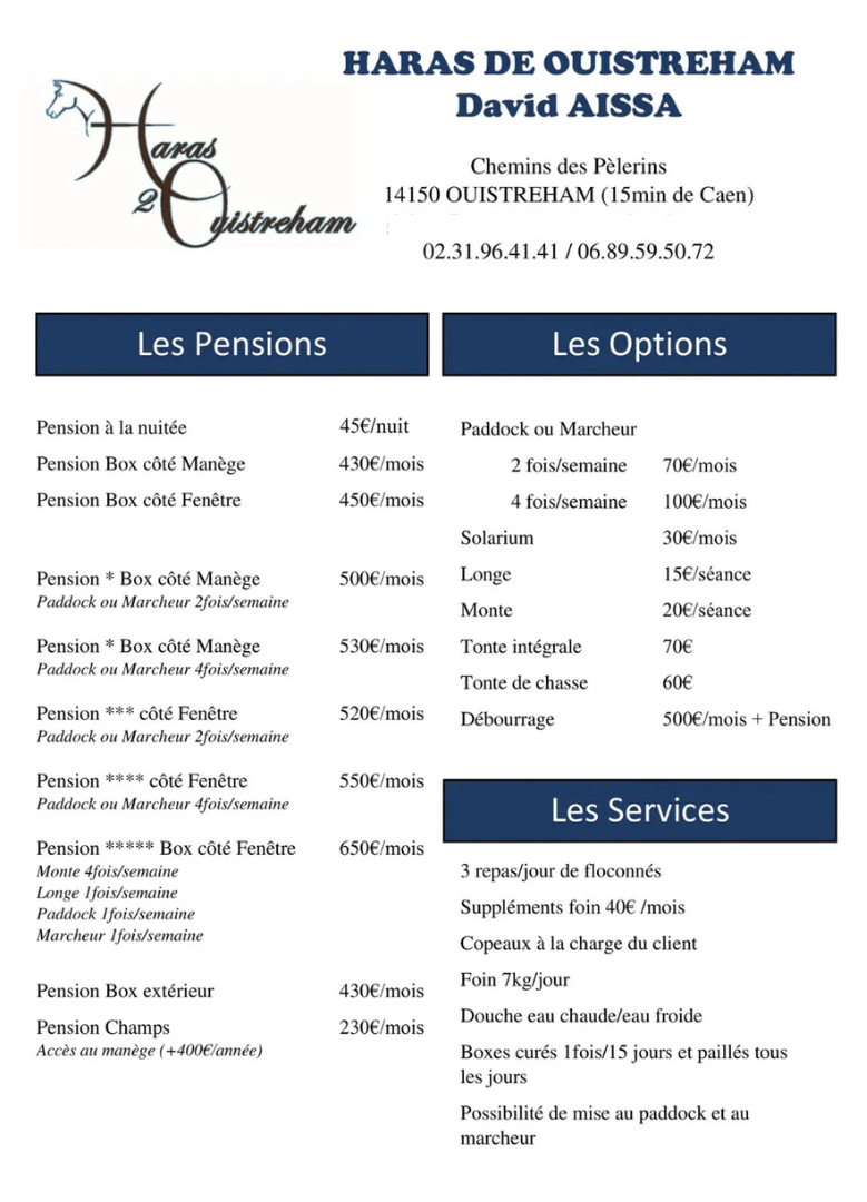 Tarifs et services du Hars de Ouistreham
