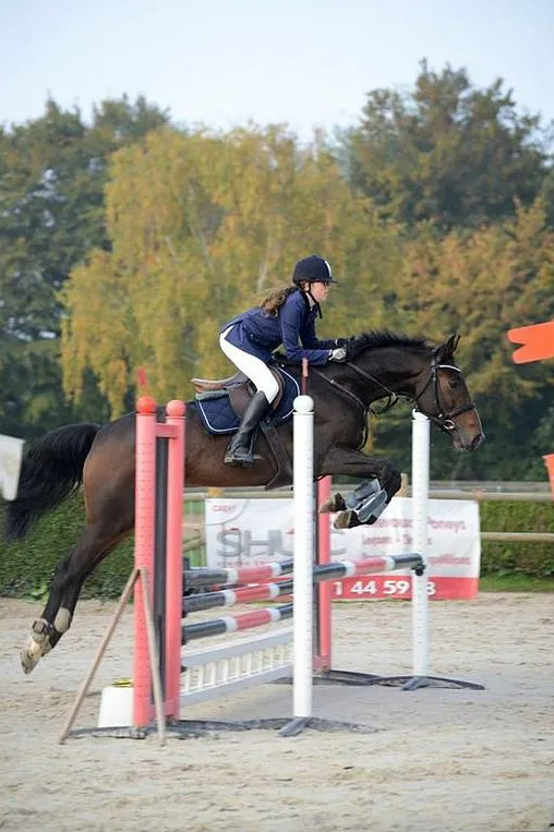 Cavalière en uniforme sautant un obstacle à cheval