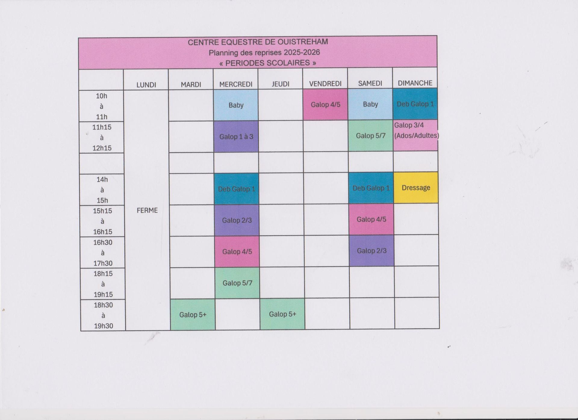 Planning des cours d'équitation du centre équestre