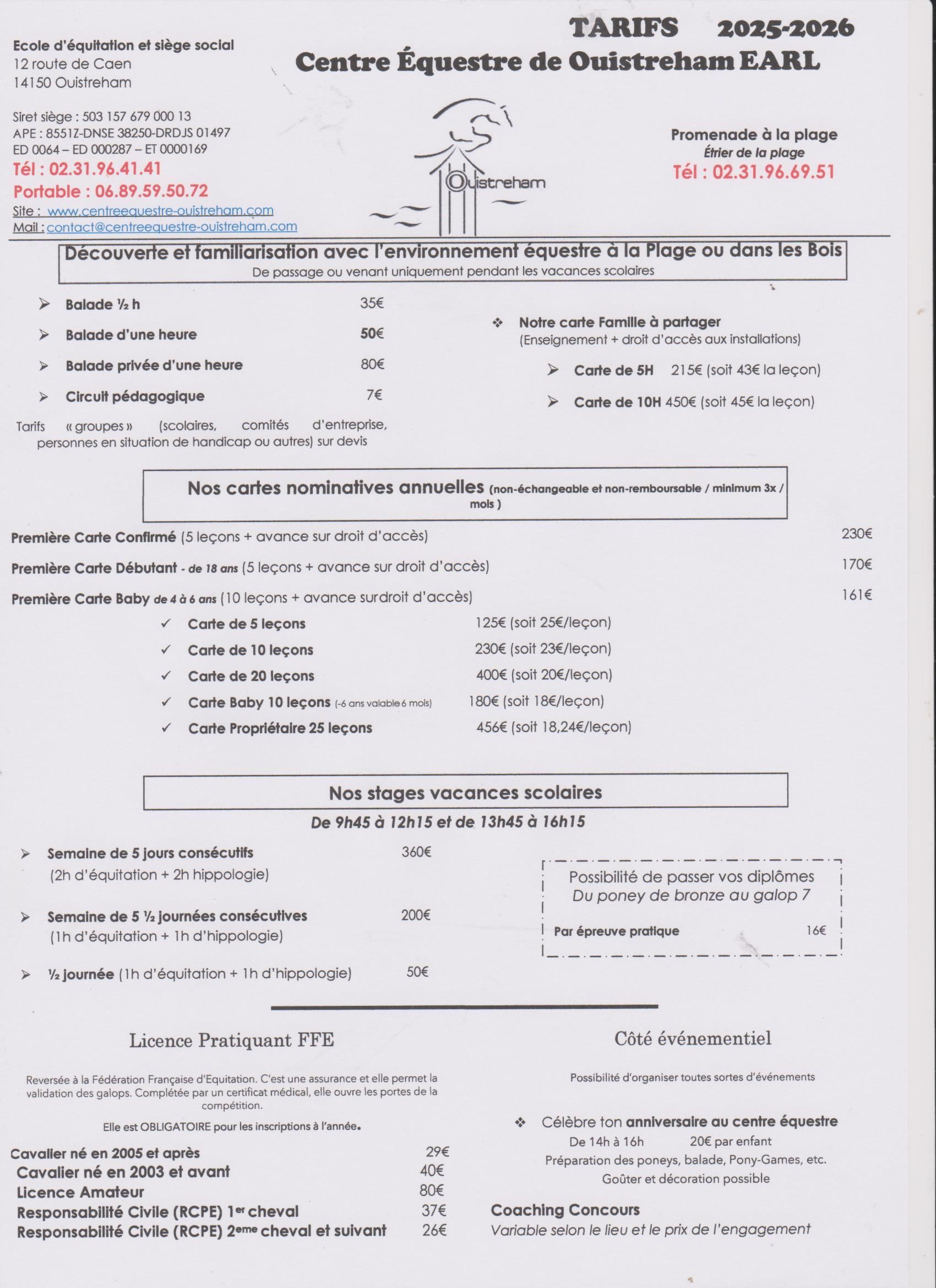 Plaquette des tarifs du Centre Équestre de Ouistreham