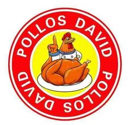 Logotipo de Pollos David, con un pollo chef de dibujos animados con la mano en alto y un pollo asado entero en un plato. Círculo rojo.