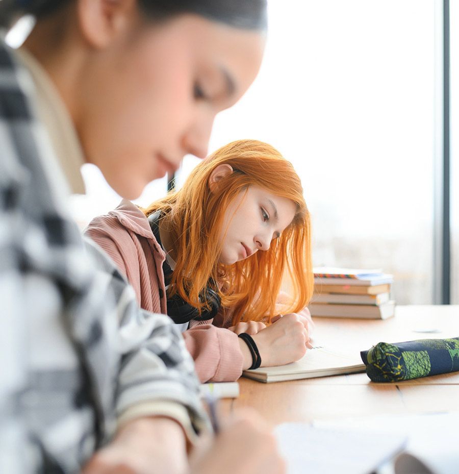 Dos mujeres están sentadas en una mesa escribiendo en cuadernos.