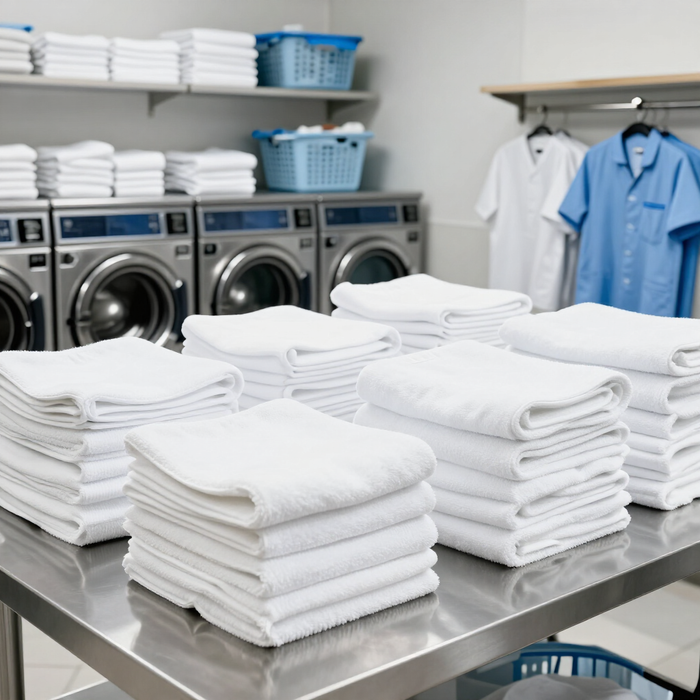 Montones de toallas blancas dobladas en una lavandería con lavadoras y uniformes blancos y azules colgados