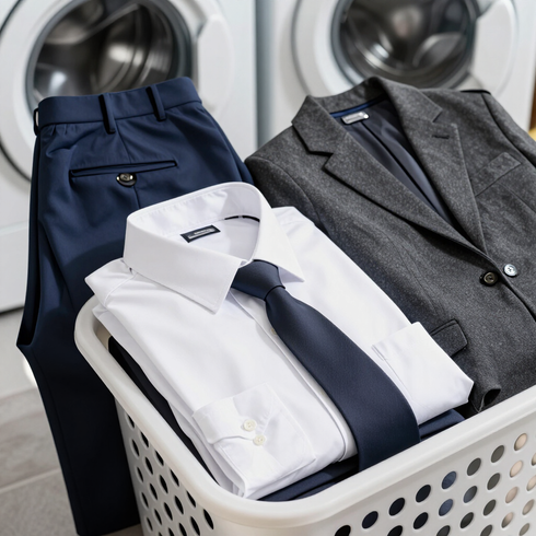 Cesto con ropa de trabajo doblada: camisa blanca, corbata azul marino, pantalón azul y blazer gris junto a las lavadoras