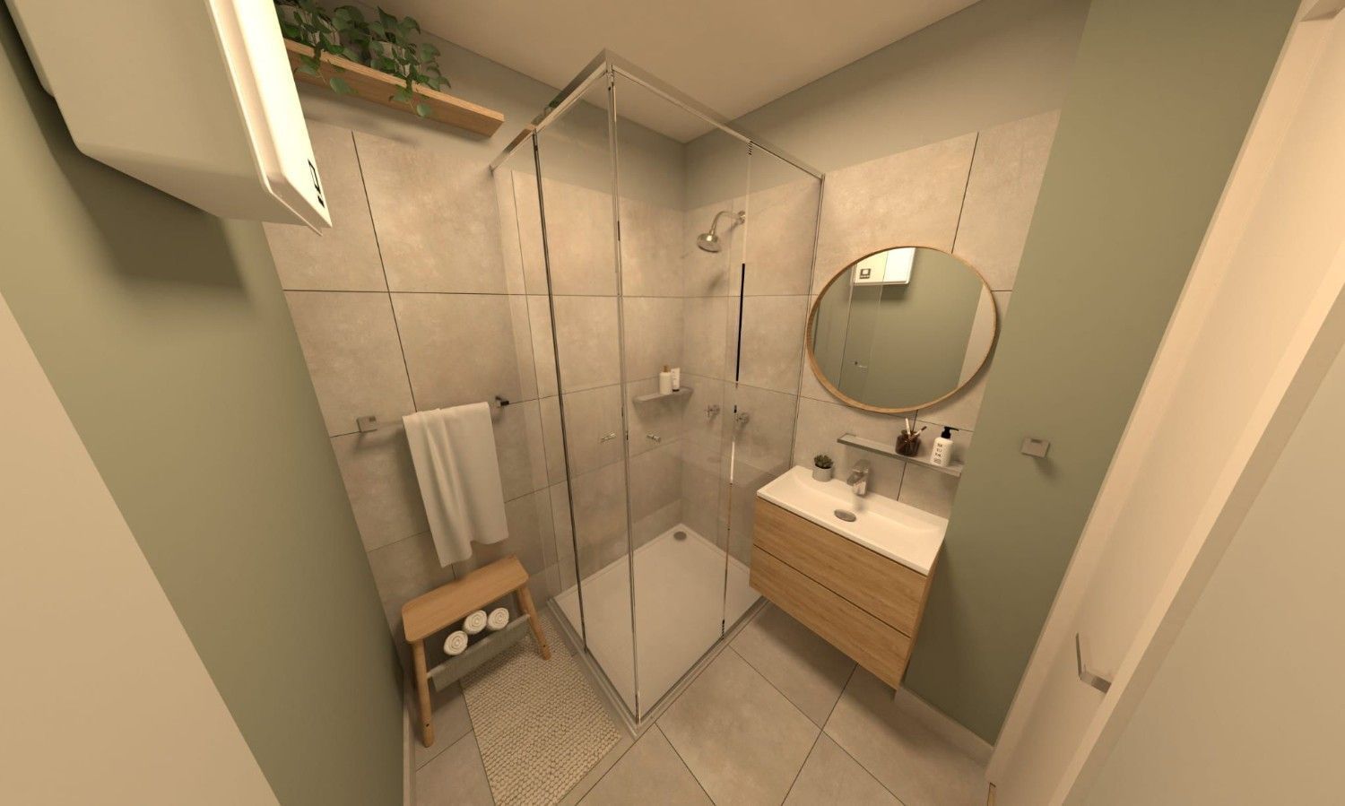 Baño moderno y compacto con ducha de cristal, azulejos blancos, lavabo de madera y espejo redondo.