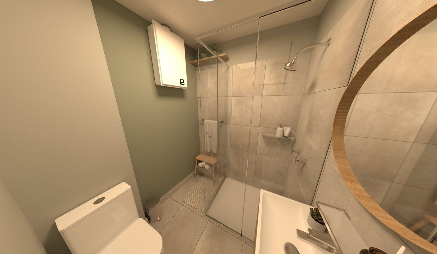 Baño pequeño y moderno con inodoro, lavabo, ducha con mampara esmerilada y paredes de azulejos beige.