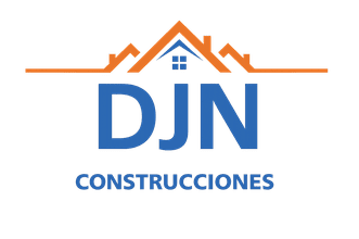 Logotipo de DJN Construcciones en naranja y azul con gráfico de la línea del techo