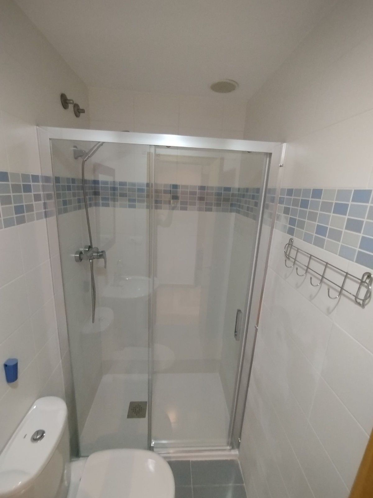 Baño pequeño de color blanco con cabina de ducha de cristal, borde de azulejos azules, inodoro y toallero.