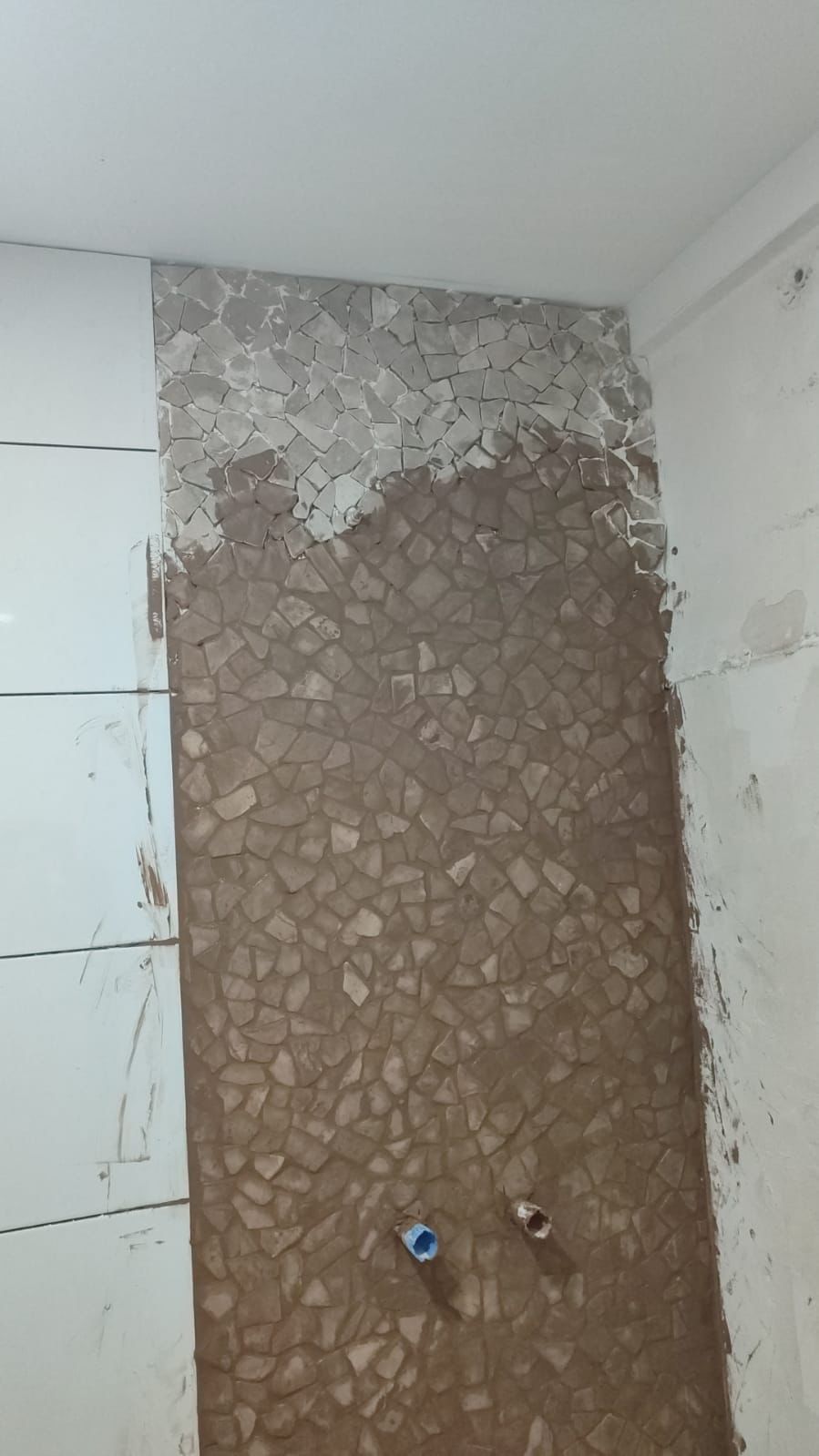 Pared del baño parcialmente alicatada 