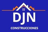 Logotipo de DJN Construcciones con fondo azul, iniciales blancas e icono de techo naranja y blanco.