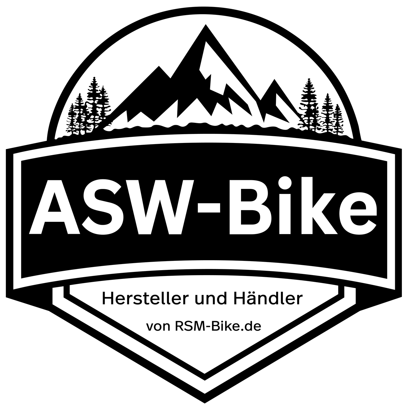 ASW-Bike-Logo mit Berg- und Kiefernsilhouette, schwarz-weißes Abzeichen, Text „Hersteller und Händler von RSN-Bike.de“