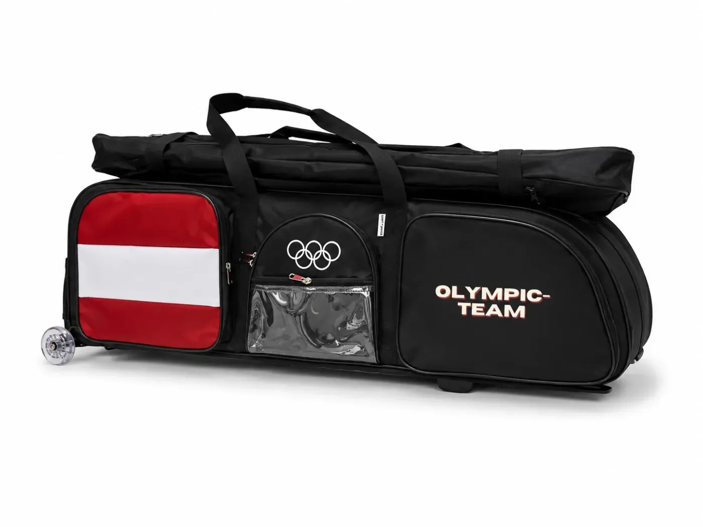 Schwarze Sporttasche des Olympiateams mit rot-weißem Einsatz und Logo der Olympischen Ringe