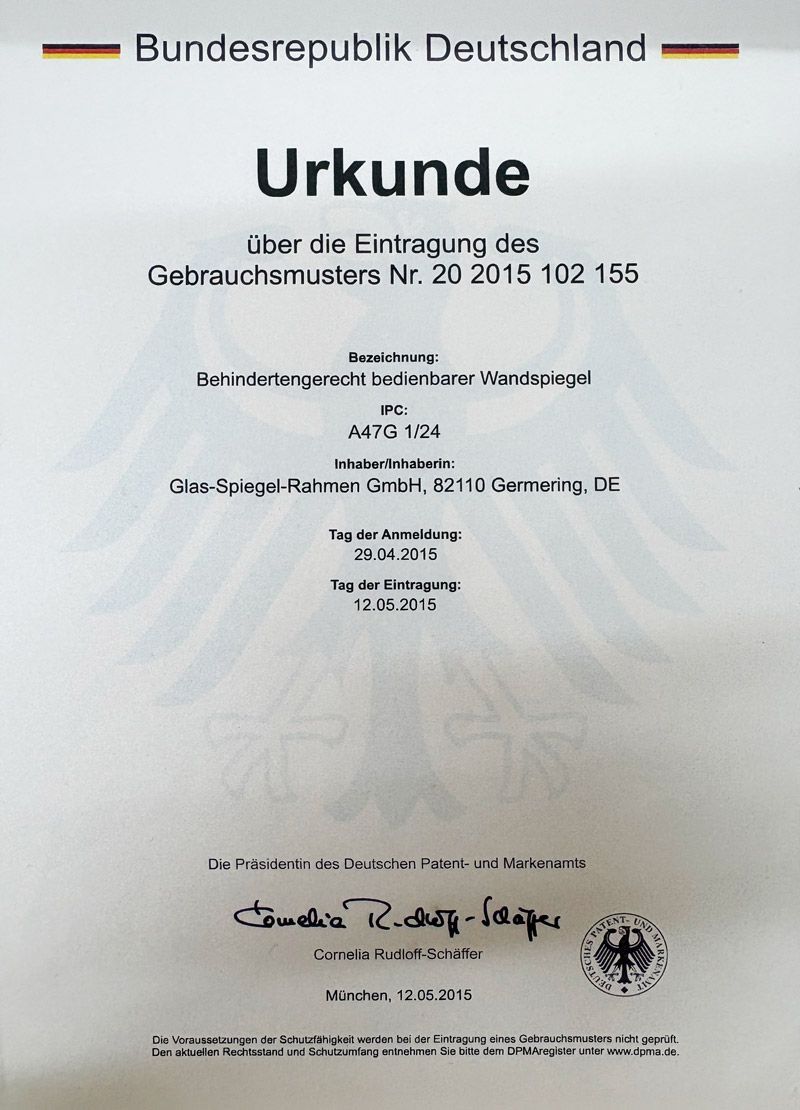 Urkunde über die Eintragung des Gebrauchtmusters Nr. 20 21015 102 155 - IPC A47G 1/24
