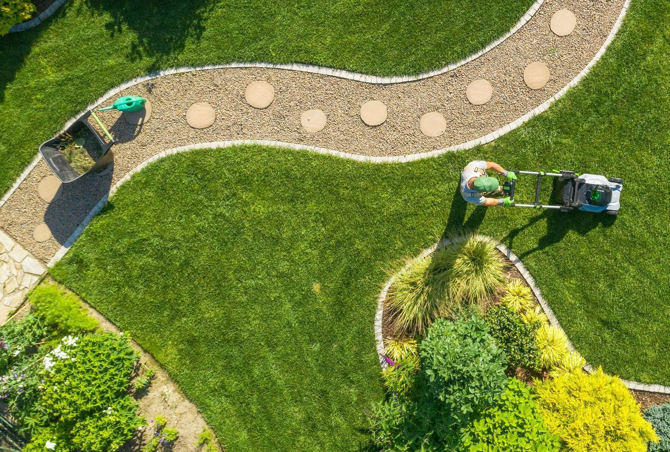 Vue du dessus d'un homme qui passe la tondeuse dans un parc