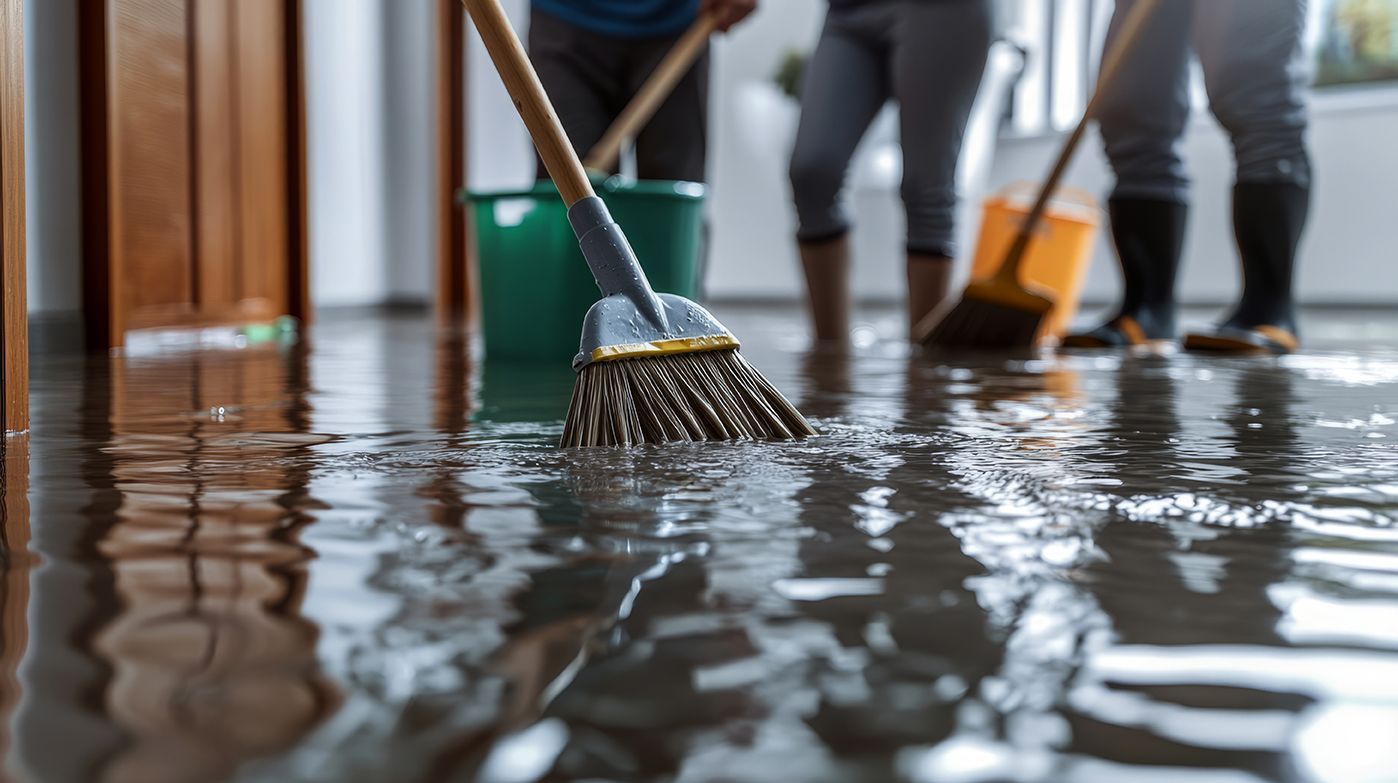 Gros plan d’une personne nettoyant l’eau du sol dans une maison inondée