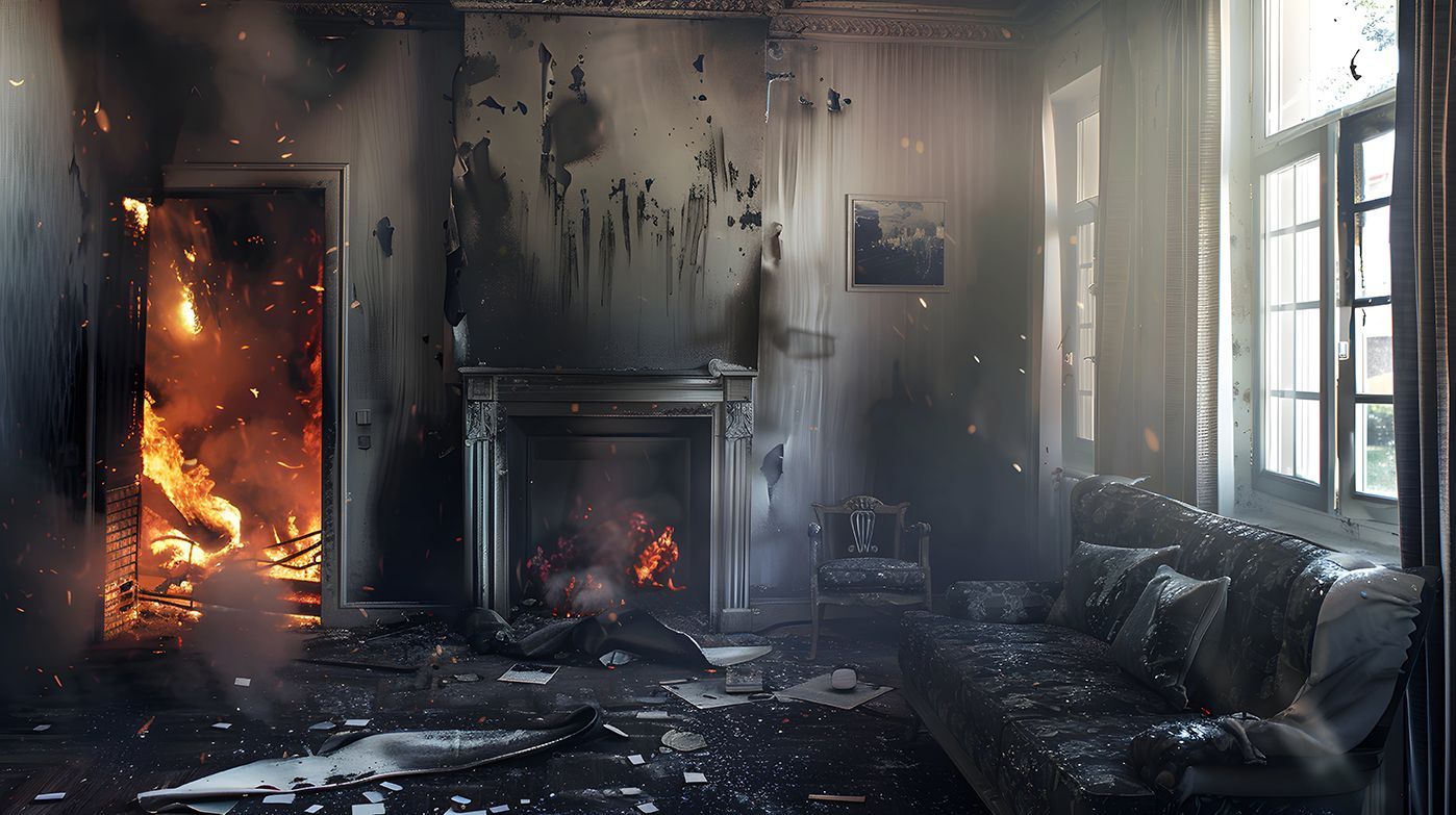 Vue intérieure d'un salon lors d'un incendie