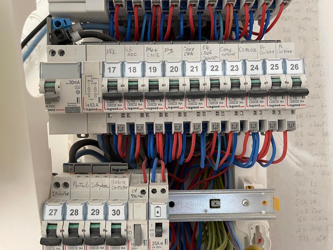 Tableau électrique avec disjoncteurs et câblage. Les fils bleus, rouges et verts sont visibles.