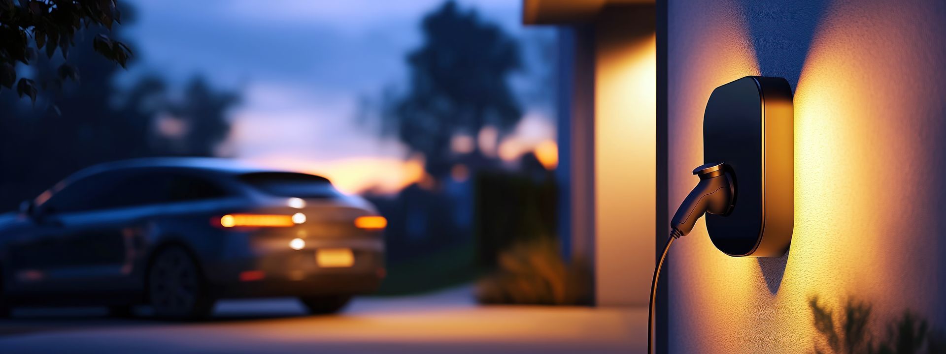 Une voiture électrique en charge à domicile, éclairée la nuit.