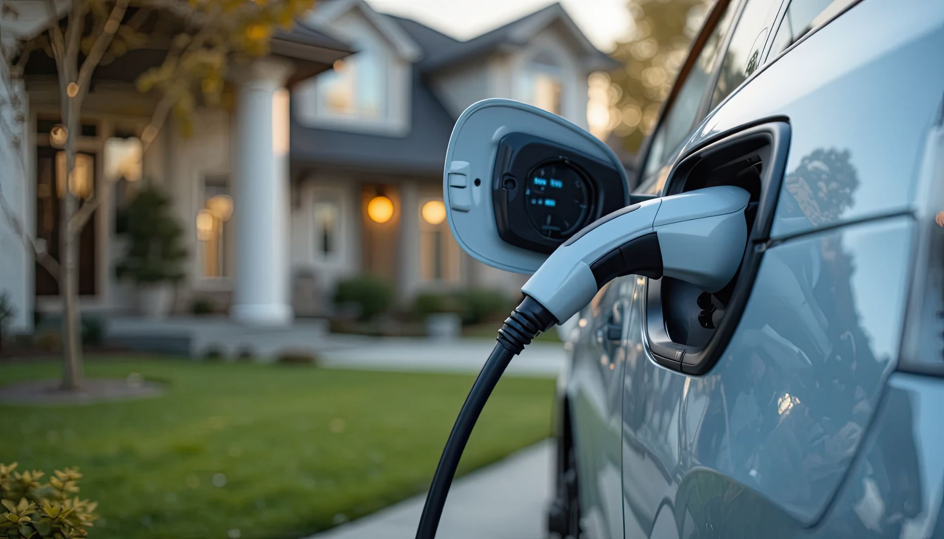 Voiture électrique en charge devant une maison, chargeur branché.