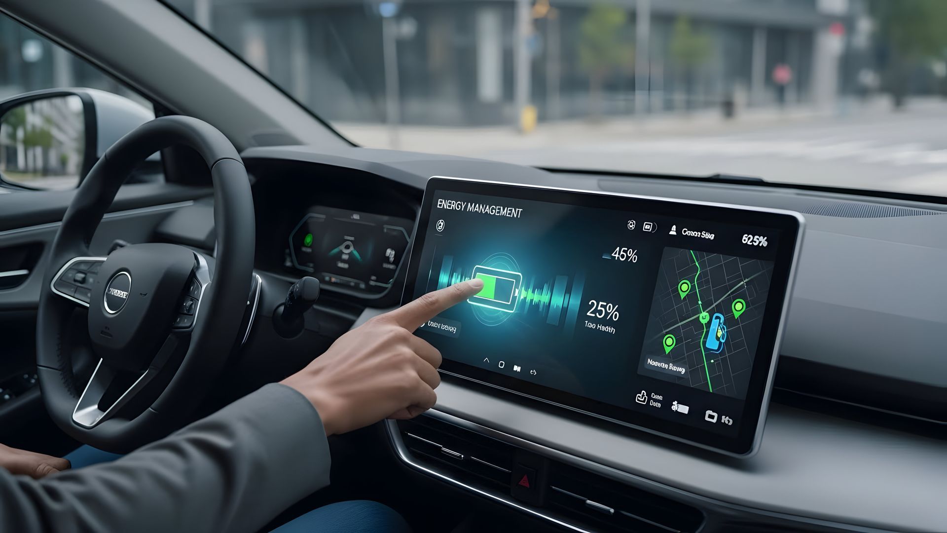 La main d'une personne touche un grand écran tactile à l'intérieur d'une voiture