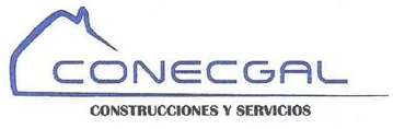 Logotipo de CONECGAL, empresa constructora y de servicios. Contorno azul de un edificio y texto sobre fondo blanco.