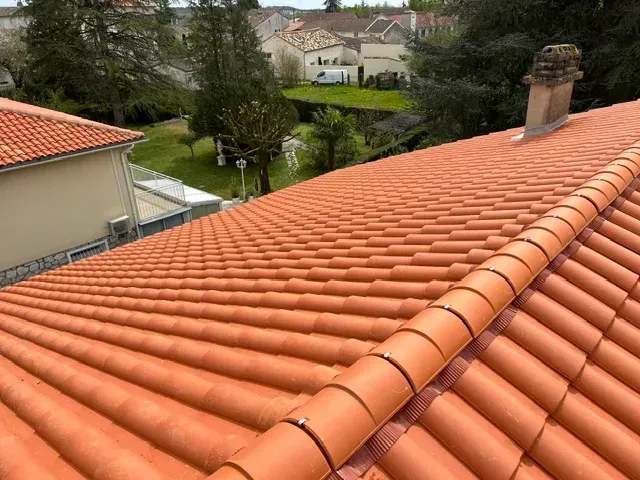 Toit de tuiles en terre cuite avec cheminée, donnant sur une cour verdoyante et des immeubles d'habitation.