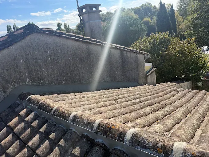 Toiture en tuiles recouverte de mousse, ciment et cheminée adossée à une colline ensoleillée.