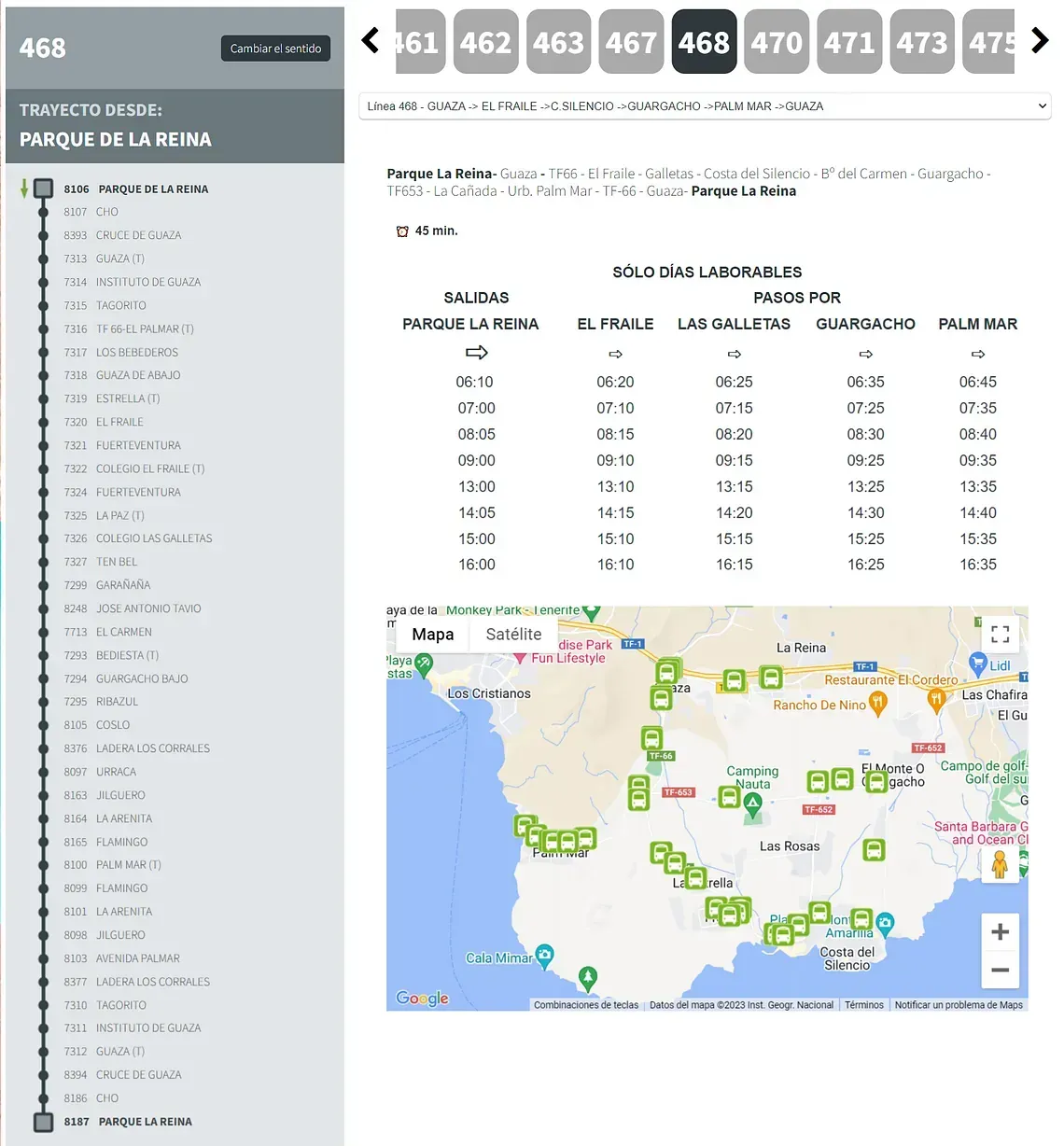 Una captura de pantalla de un sitio web que muestra un mapa y una lista de autobuses.