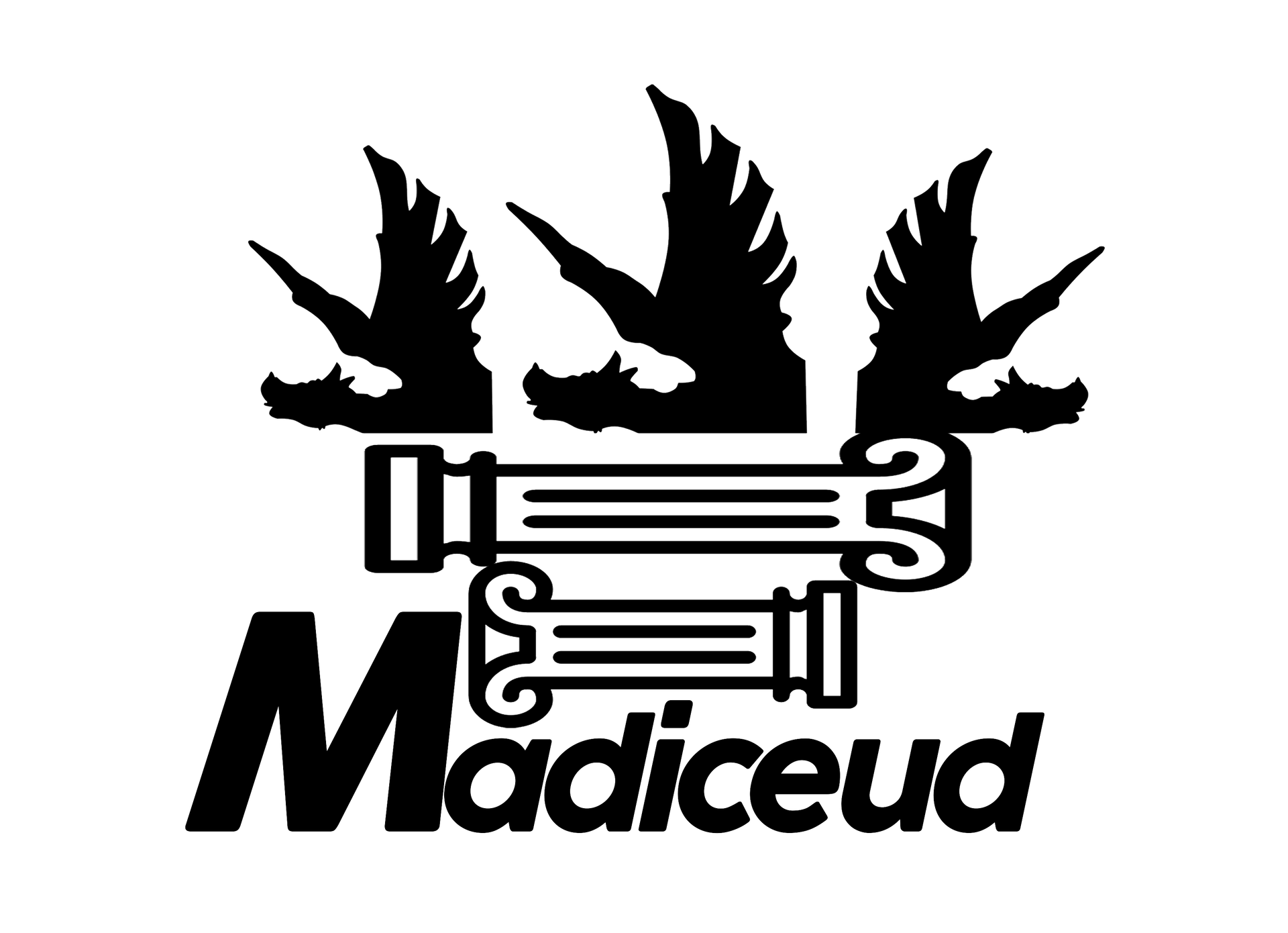 Logotipo para Madiceud: tres pájaros estilizados sobre dos columnas clásicas y el nombre de la empresa.