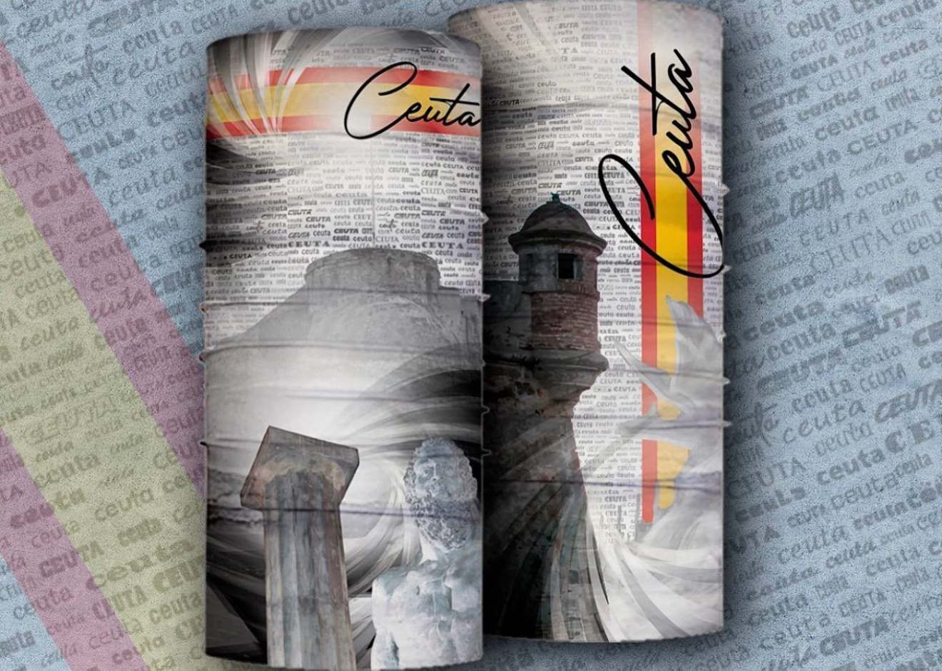 Dos polainas de cuello con temática de Ceuta, con imágenes en blanco y negro de una fortaleza y un faro con el nombre de la ciudad y los colores de la bandera.