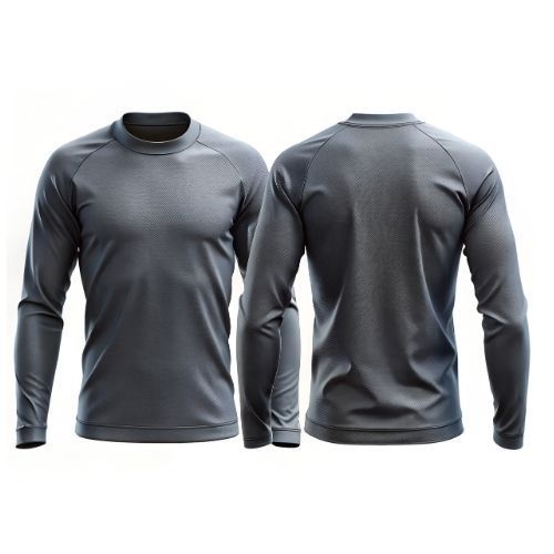 Camiseta deportiva de manga larga de color gris, vista frontal y posterior, con cuello alto, sobre fondo blanco.