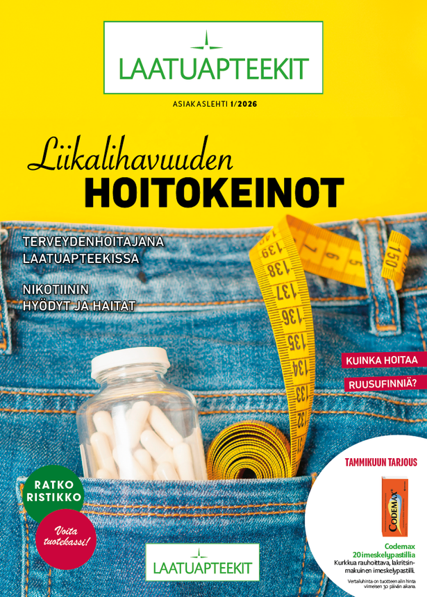 Advertisement for Laatuapteekit with pills, measuring tape, and text: 