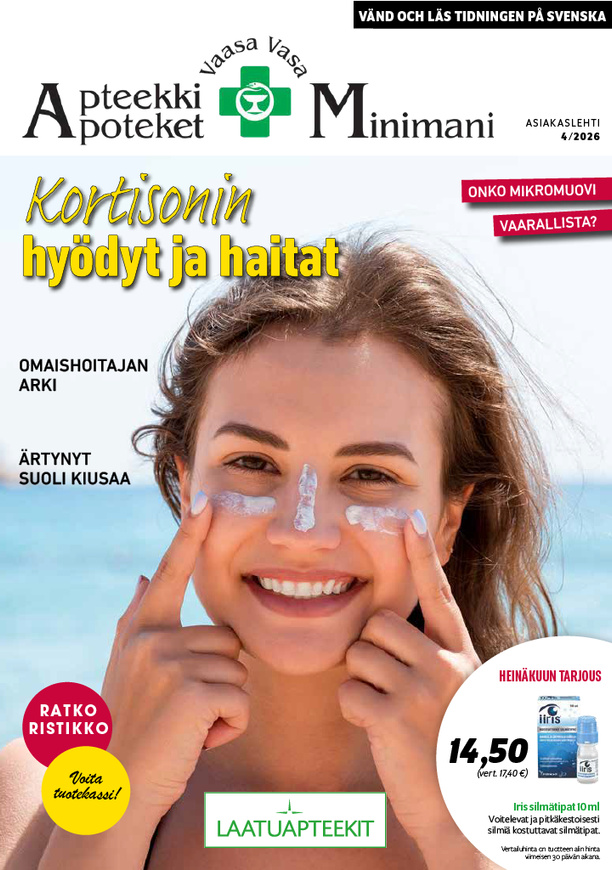 Advertisement for Laatuapteekit with pills, measuring tape, and text: