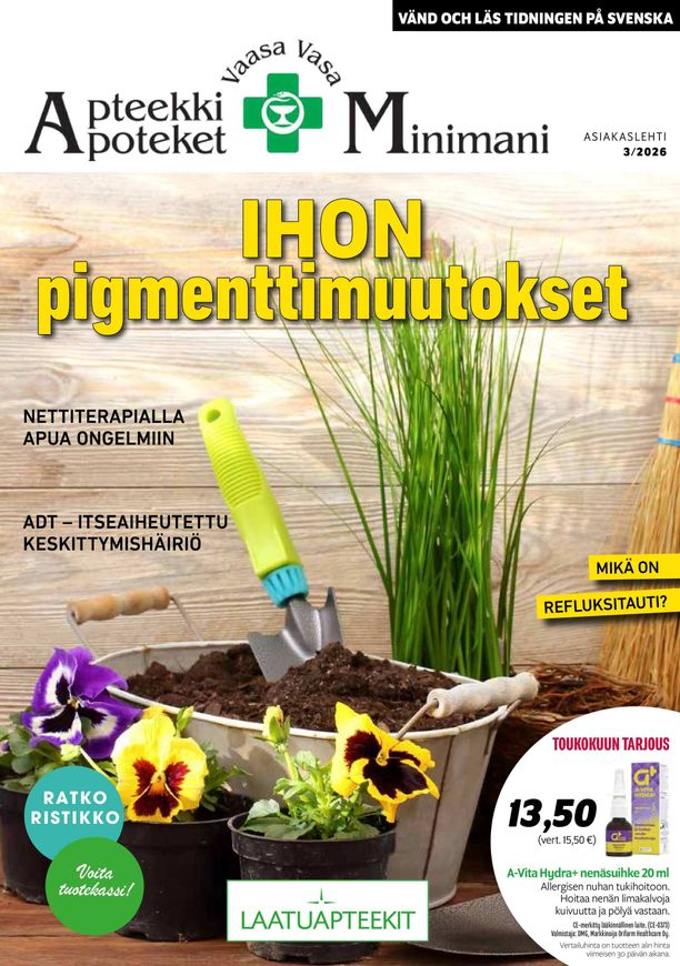 Advertisement for Laatuapteekit with pills, measuring tape, and text: 