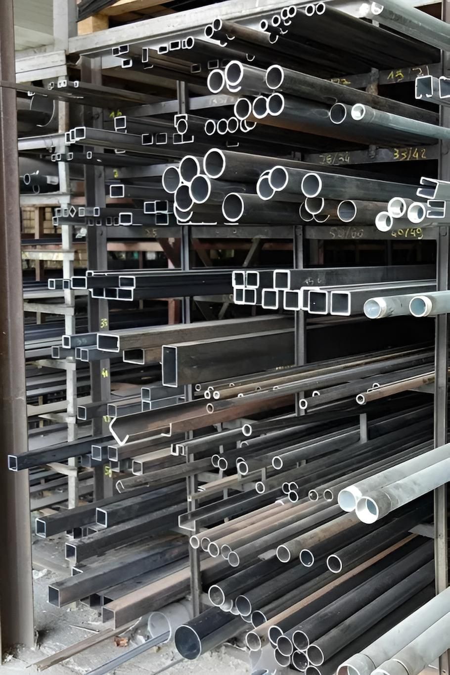 Tubes et barres métalliques de formes et de tailles diverses, rangés sur des étagères.