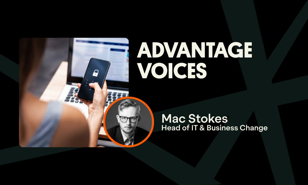 Advantage's Head of IT features beside a generated image of data displayed as a shield