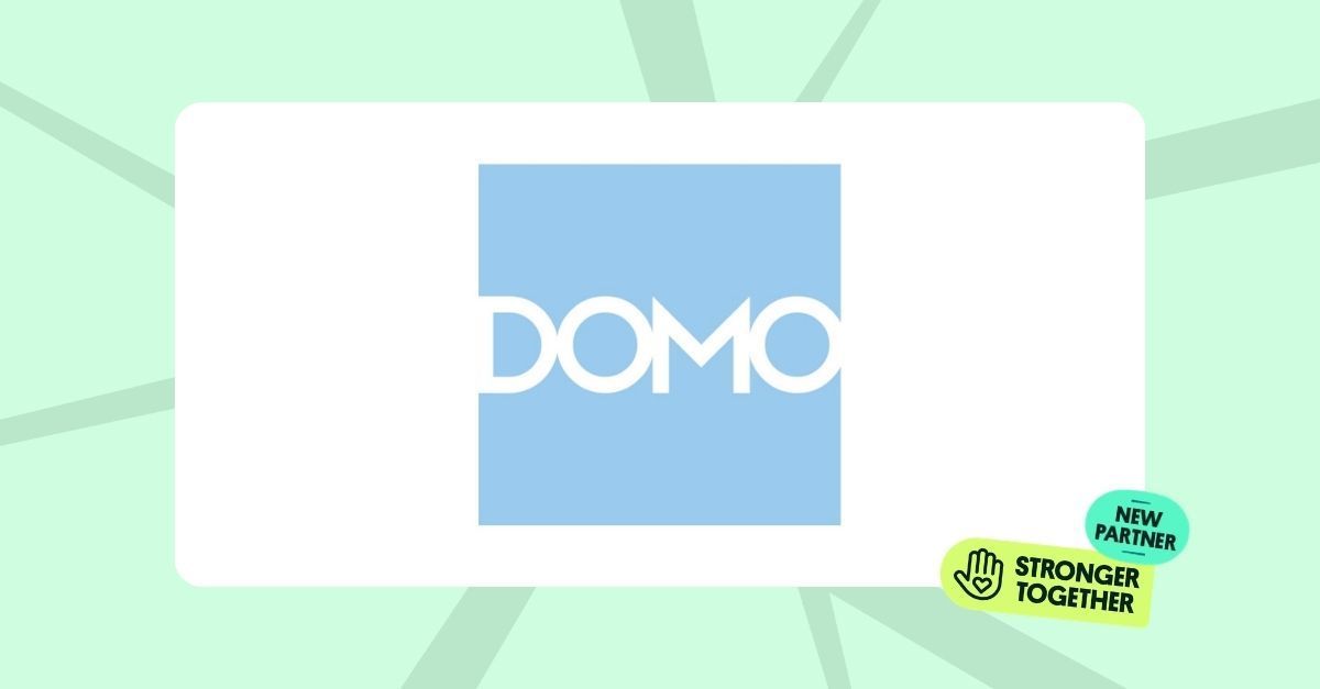 Light blue square logo with white “DOMO” text across the center