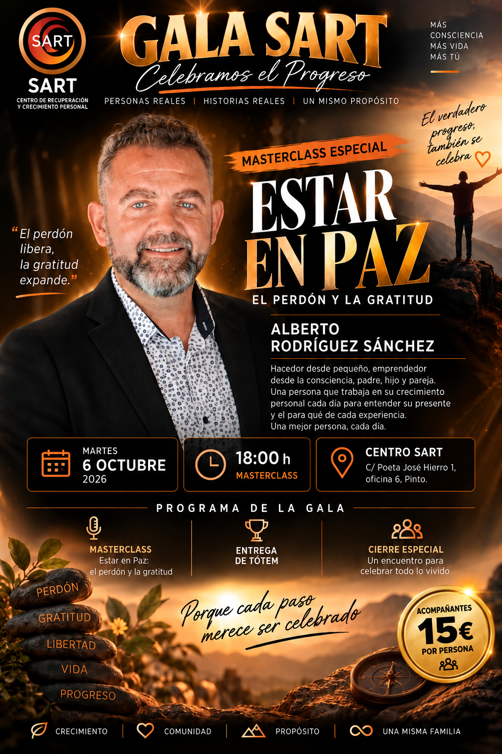 Cartel para la Gala SART: “Estar en paz”, con el retrato de un hombre y los detalles del evento sobre un fondo negro y naranja.