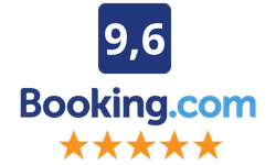 Logotipo de Booking.com con una calificación de 9,6 y cinco estrellas naranjas.