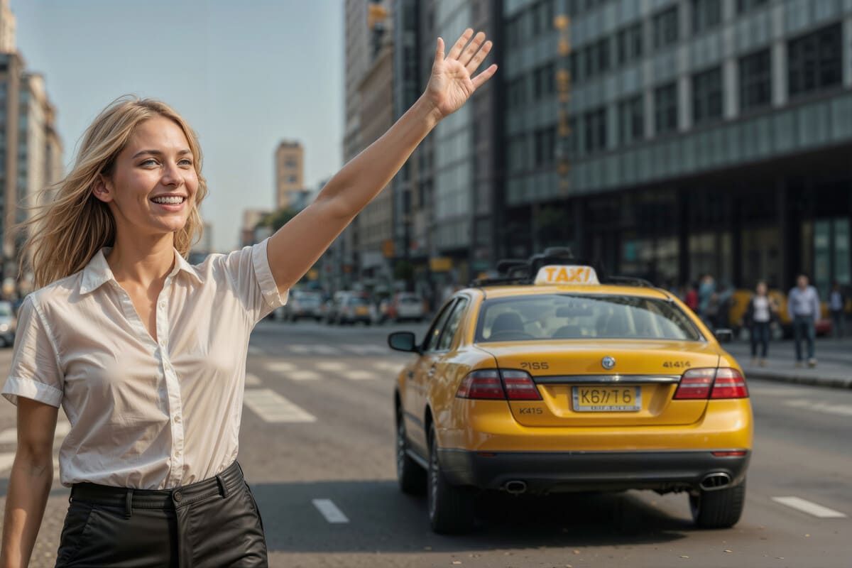 Una mujer para un taxi amarillo en una calle de la ciudad, con el brazo en alto. Sonríe. Edificios al fondo.